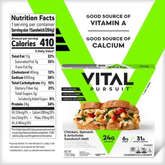 Vital Pursuit High Protein Spinach & Artichoke Chicken Sandwich Melt Frozen Meal - 7.1oz image {5}