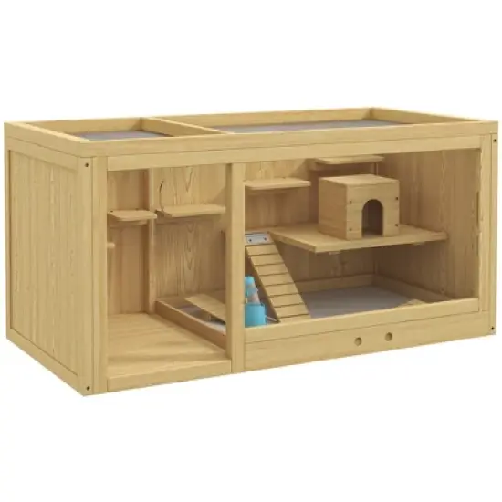 PawHut Wooden Hamster Cage, Extra Large Gerbil Cage Activity Center for Dwarf Hamster with Pull-Out Tray, Seesaws, Water Bottle, Ladder image {3}
