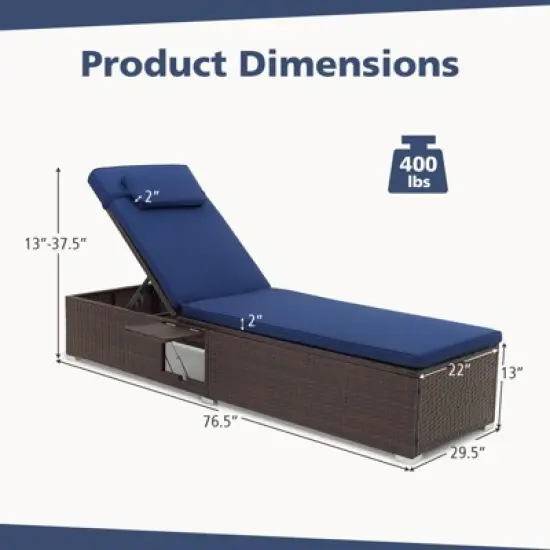 Costway 1/2 PCS Patio Chaise Lounge with 6-level Backrest Comfy Seat Cushion & Headrest Backyard Navy image {2}