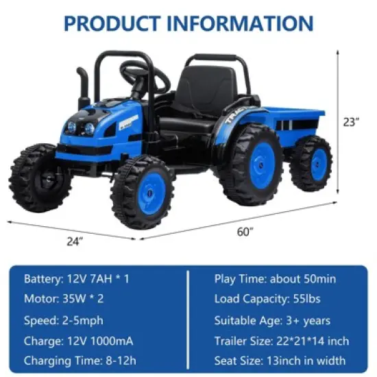 Ride Tractor for Kids, Tractor Ride On with Trailer, 12V Battery Powered Electric Tractor with Remote Control, 35W Dual Motors, Unload Button image {2}