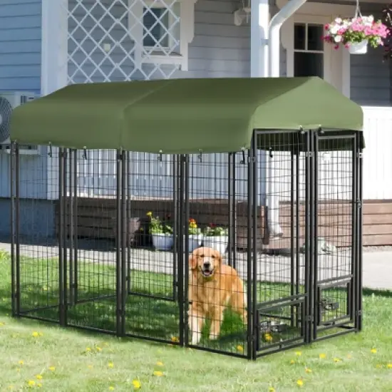 PawHut Outdoor Dog Kennel Lockable Pet Playpen Crate Welded Wire Steel Fence, with Water-, UV-Resistant Canopy, Rotating Bowl Holders Door, 8x4x6ft image {2}