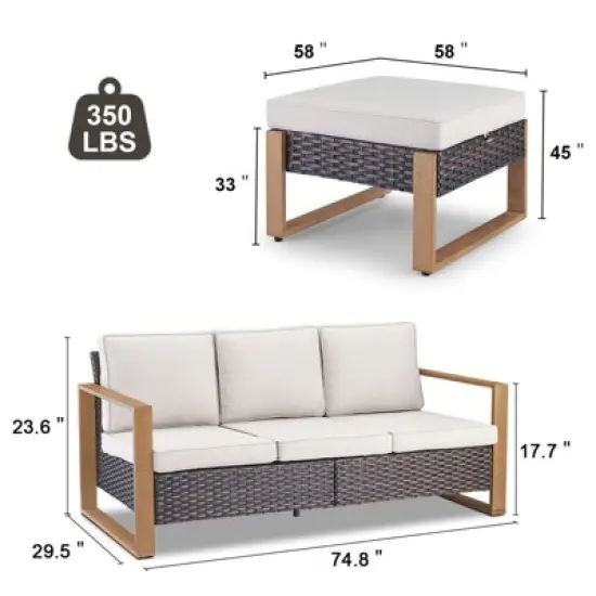 POCASSY 75" Wide Outdoor Sofa Outdoor Furniture Sets, All-Weather Brown Wicker Rattan Outdoor Couch with Ottomans and Cushions for Porch Balcony image {7}