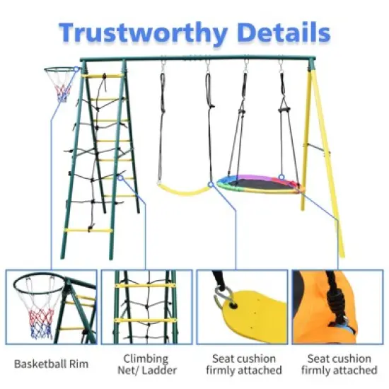 106.50"Indoor/Outdoor Metal Swing Set with Safety Belt for Backyard,Multicolor image {4}