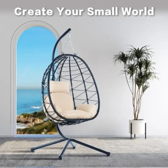 Egg Chair with Stand Indoor Outdoor Swing Chair Patio Wicker Hanging Egg Chair Hanging Basket Chair Hammock Chair with Stand for Bedroom Room Balcony image {4}