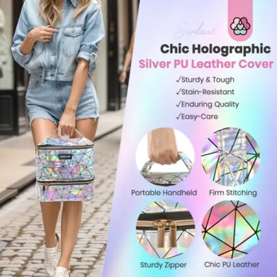 Saviland Salon-Grade Polish Organizer: PU Leather Case w/ Light-Reflective Finish - Holds 30 Bottles & Nail Lamp.(Holographic) image {5}