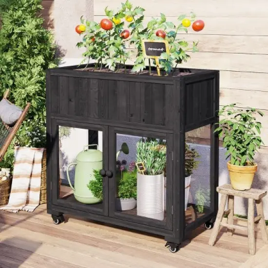 Outdoor Patio Fir Wood Mini Cold Frame,Polycarbonate Door Wooden Compact Garden Greenhouse with Wheels,Wooden Raised Bed with Liner-Coolbibila image {7}