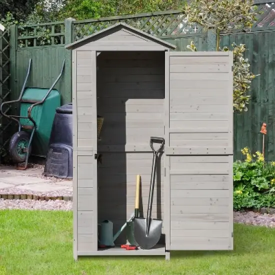 Outsunny 35.5" x 24.75" x 78.75" Wooden Storage Shed Cabinet, Outdoor Tool Shed Organizer with 3 Shelves Handle Magnetic Latch Foot Pad, Light Gray image {1}