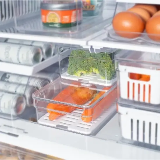 OU Fridge Organizer Bin with Vented Lid, Clear Stackable Refrigerator Storage Bin, Produce Kitchen Storage Container, 11.8" Depth, BPA Free image {2}