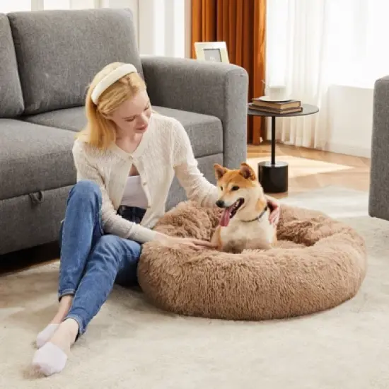 SEVOBAL Pet Beds Anti-Slip Round Fluffy Plush Faux Fur Cat Bed, Pet Bed For Dog Or Cat, Removable Pet Sofa Bed, Brown, 24.8"*24.8"*5.9" image {3}
