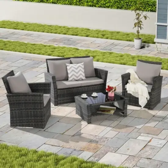 4-Piece Outdoor Rattan Furniture Set: Poolside Chairs + Durable Glass Table for Porch & Garden image {4}