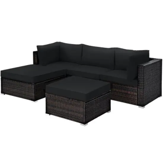 Costway 5PCS Patio Rattan Furniture Set Sectional Conversation Set Ottoman Table image {3}