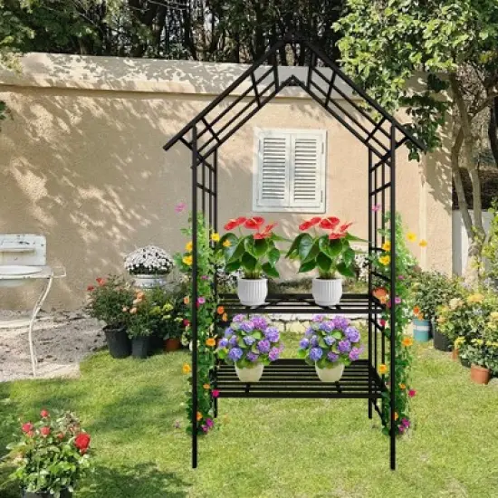 Chery Life Metal Garden Arch with Gate with planter, Climbing Plants Support Rose Arch Outdoor Black image {14}