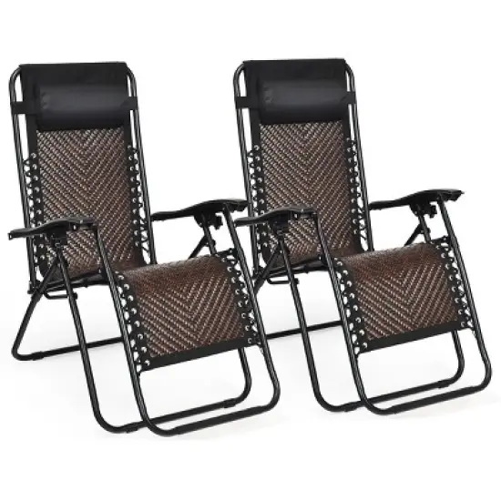 Tangkula Folding Recliner Patio Rattan Zero Gravity Lounge Chair With Headrest Brown image {8}
