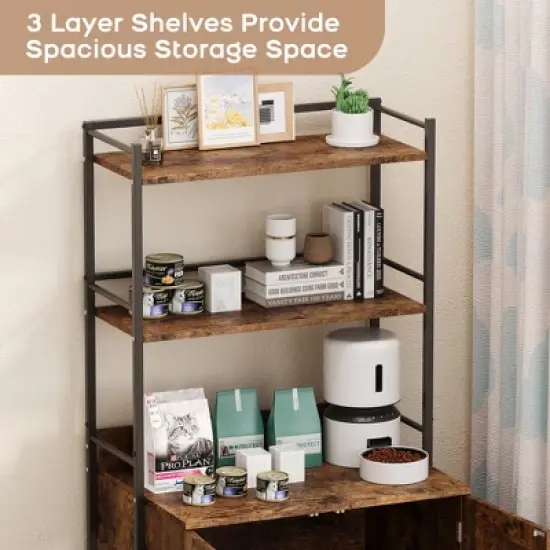 Cat Litter Box Enclosure, 2-in-1 Cat Litter Box Furniture Hidden with 2 Tier Storage Shelves and Doors, Wooden Cat House image {2}