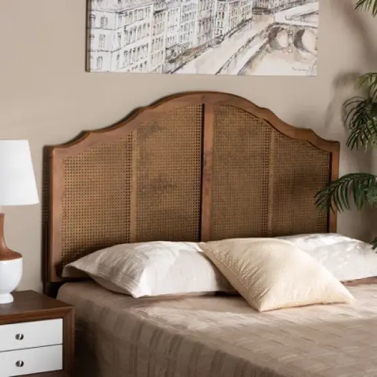 Iris Vintage Wood and Synthetic Rattan Arched Headboard Walnut - Baxton Studio image {2}