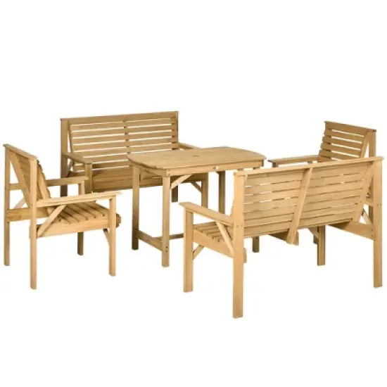 Outsunny 5 Piece Patio Furniture, 6 Seat Outdoor Dining Set, Natural Wood Dinner Table, 2 Chairs, Loveseats with Armrests & Umbrella Hole, Light Brown image {3}
