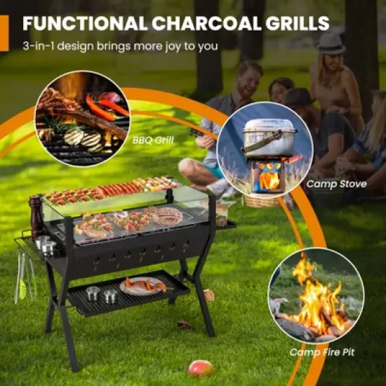 Tangkula Barbecue Charcoal Grills Stainless Steel Camping Grill w/ Wind Guard Seasoning Racks & Storage Shelf image {3}