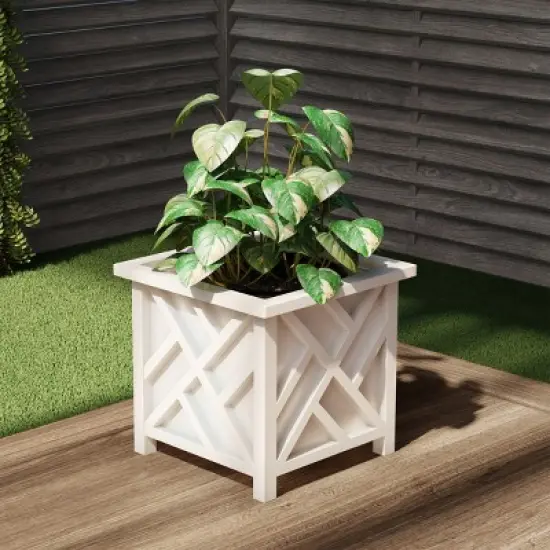 Lattice Design Planter Box &ndash; 14.75-Inch-Square Decorative Outdoor Flower or Plant Pot &ndash; Front Porch, Patio, and Garden Decor by Nature Spring (White) image {2}