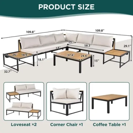 4-Piece Outdoor Patio Iron Sectional Sofa Set with Coffee Table and Side Storage Shelf image {2}
