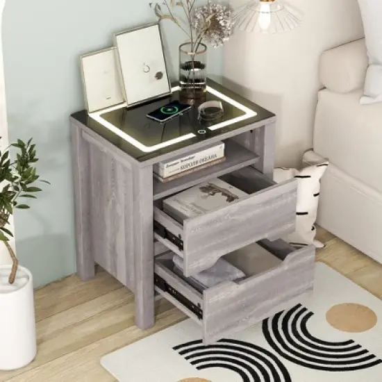 Multifunctional Storage Nightstand with Wireless Charging, Adjustable LED Light, 2 Drawers and 1 Open Shelf - ModernLuxe image {13}
