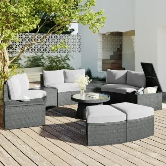 10-Piece Half Round Patio Rattan Sofa Set,PE Wicker Outdoor Sectional with Cushions,Storage Stools And Coffee Table-Maison Boucle image {8}
