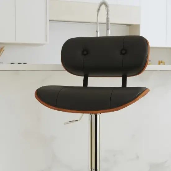 Merrick Lane Adjustable Height Barstool Contemporary Black Vinyl Tufted Bentwood Counter Stool with Chrome Base & Integrated Footrest image {5}