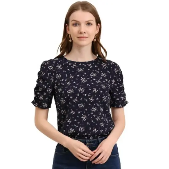 Allegra K Women's Floral Crew Neck Summer Casual Shirred Short Sleeve Blouse image {22}