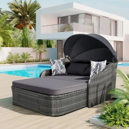 Outdoor Sunbed with Adjustable Canopy, Double PE Rattan Daybed with Cushion for Patio, 79" Wicker Sunbed Lounge Chair with Pillows-Koiai image {9}