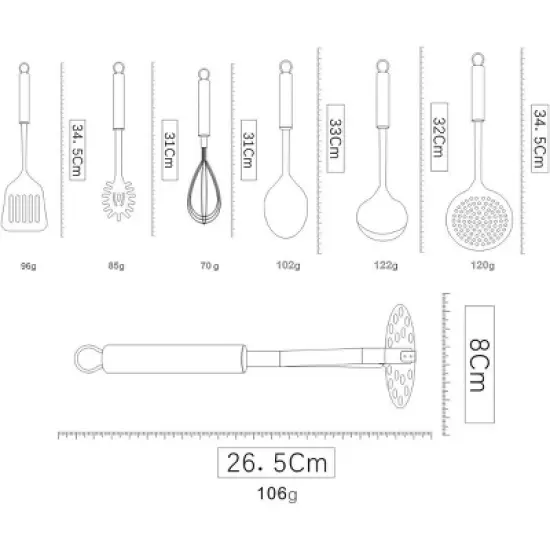 Itopfox 8-Piece Stainless Steel Kitchen Utensil Set with Stand, Includes Ladle, Skimmer, Slotted Turner, Pasta Server, Serving Spoon, Potato Masher image {1}