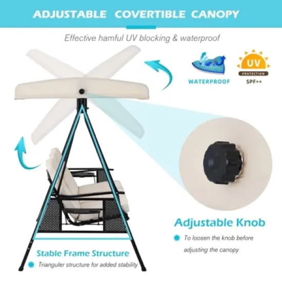 COWLOWN Beige 3 Seat Outdoor Patio Swing Chair for Adults, Adjustable Canopy, Removable Cushion, Ideal for Backyard, Garden, Poolside & Balcony image {6}