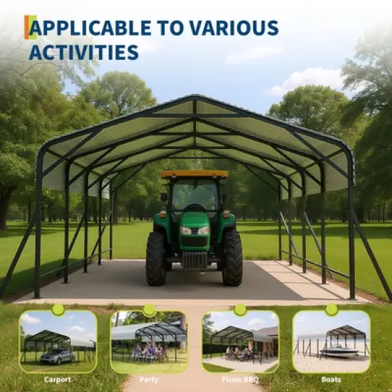 Metal Carport,  Metal Garage  with Base and  Reinforced Frame  for All Weather, Heavy Duty Carports  for Rucks, Tractors or Party image {7}
