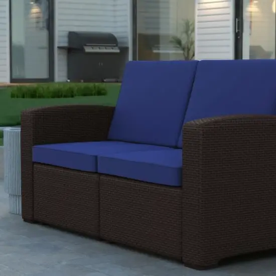 Emma and Oliver Faux Rattan Loveseat with All-Weather Cushions image {2}