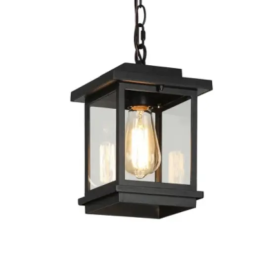 LNC 8" Square Cage Modern Outdoor Pendant Lamp Matte Black: Weather-Resistant, Glass Shade, E26 image {11}
