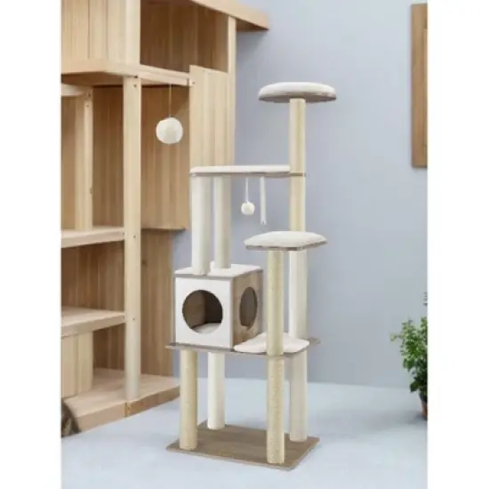 65-Inch Cat Tree for Indoor Cats - Modern Multi-Level Cat Tower with 5 Scratching Posts, Perch, and Washable Cushions - Cat Furniture by WoodyWonders image {3}