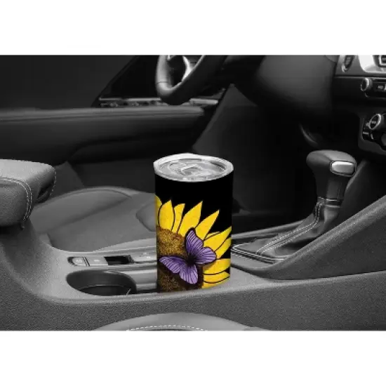 Be Bold Be Bright Be Your Bright Yellow Sunflower with Purple Butterfly 20 ounce Stainless Steel Travel Tumbler with Lid For Your On The Go Beverages image {4}