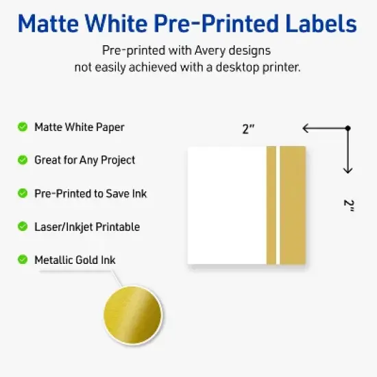 Avery Printable Square Labels, Gold Double-Dipped Edge, 2" x 2", Matte White Square Labels, Permanent, Laser/Inkjet, 120ct, Great for Product Labels image {1}