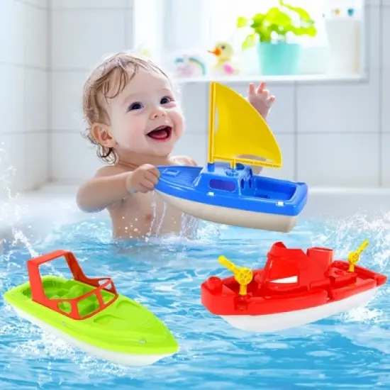 Fun Little Toys 3Pcs Boat Toy Set, Speed Boat, Sailing Boat & Aircraft Carrier, Bath & Pool Toys for Toddlers, Birthday Gift for Boys & Girls Ages 1-4 image {1}