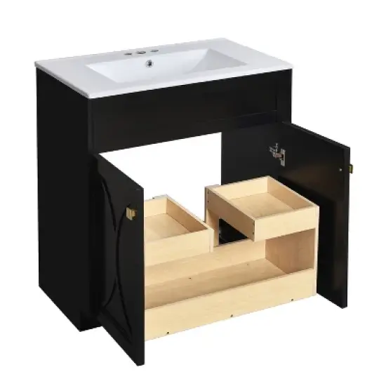 30'' Modern Bathroom Vanity with Ceramic Sink, Freestanding Storage Cabinet with Soft-Closing Doors & Gold Handles, White/Black - ModernLuxe image {6}