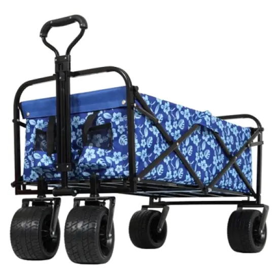 DSVIMOY Collapsible Foldable Wagon Cart, Beach Wagon Utility Cart for Camping Shopping Sports Gardening Fishing, Blue Flower, 35.04"*24.41"*38.58" image {1}