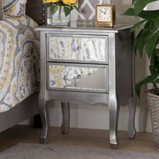 Leonie Wood and Mirrored Glass 2 Drawer Nightstand Silver - Baxton Studio image {6}
