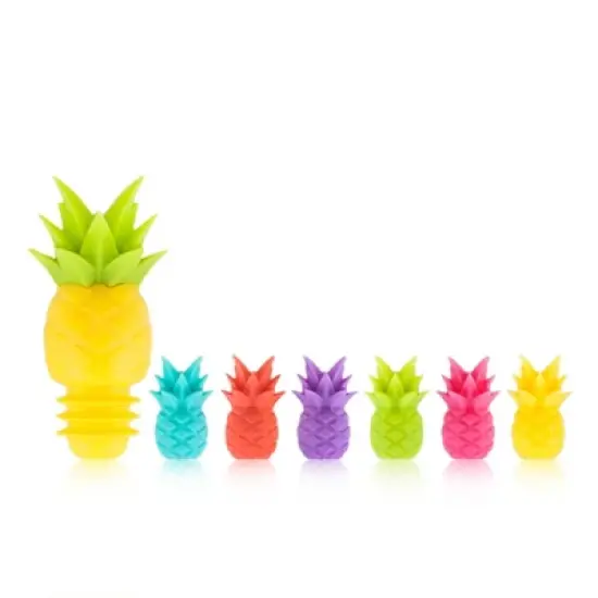 True Pineapple Wine Glass Charms and Drink Markers with Bottle Stopper Set, Silicone, Set of 1 Bottle stopper and 6 Drink Charms, Multi Colored image {5}