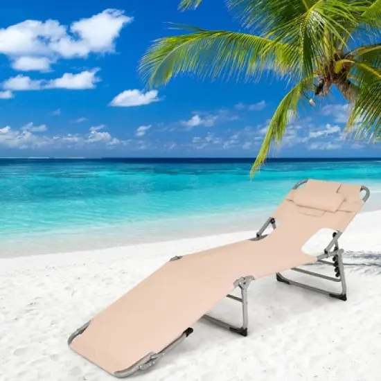 Tangkula Portable Beach Chaise Lounge Chair Folding Reclining Chair w/ Facing Hole Beige image {3}