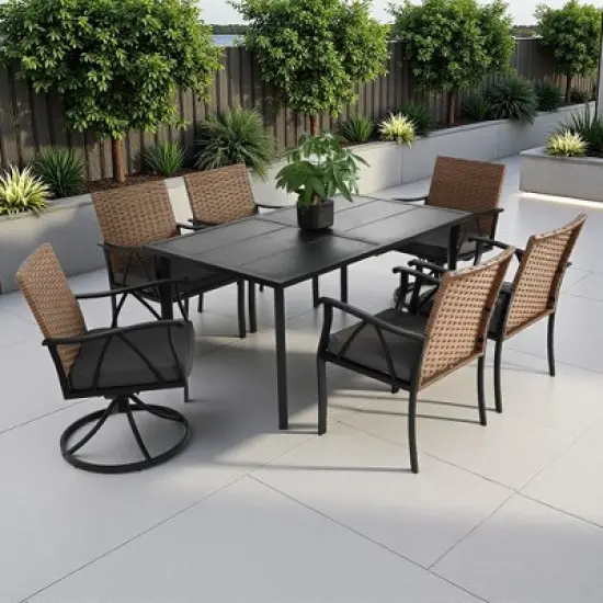 7-Piece Outdoor Patio Steel Dining Set with 59" Rectangular Table, 2 Swivel Rocker & 4 Armchairs, and Rattan Backrest image {15}