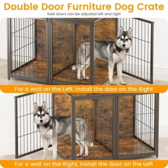 42.5 Inch Dog Crate with Storage Shelves, Large Wooden Dog Kennel End Table with Flip Top, Movable Divider, 3 Doors, Indoor Dog Cage image {5}