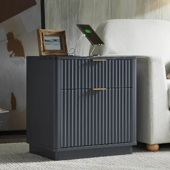 SinCiDo 23" Fluted Nightstand w/Charging Station, 2 Drawer Mid Century Modern End Table w/Storage for Bedroom & Living Room image {4}