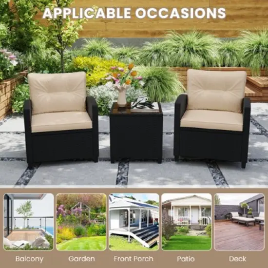 Tangkula 3 Piece Patio Furniture Set Rattan Conversation Set w/Soft Seat & Back Cushions Tempered Glass Topped Coffee Table Beige image {3}