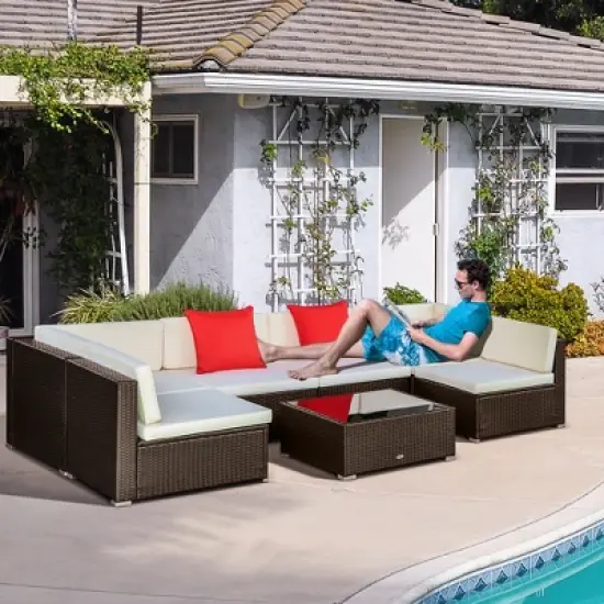 Outsunny 7 Piece Outdoor Patio Furniture Set, PE Rattan Wicker Sectional Sofa Set with Couch Cushions, Pillows, Coffee Table, Orange, Cream image {1}