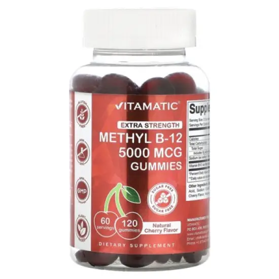 Vitamatic Extra Strength Vitamin B12 5000 mcg (Methyl B12) Gummies - 120 Count - Energy Metabolism Support and Nervous System Health Support, Natural image {5}