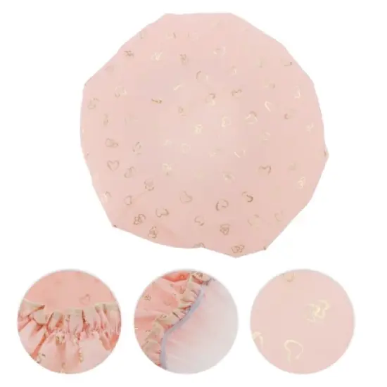 Unique Bargains Double Layer Gold Heart Shower Cap Pink 3 Pcs image {2}