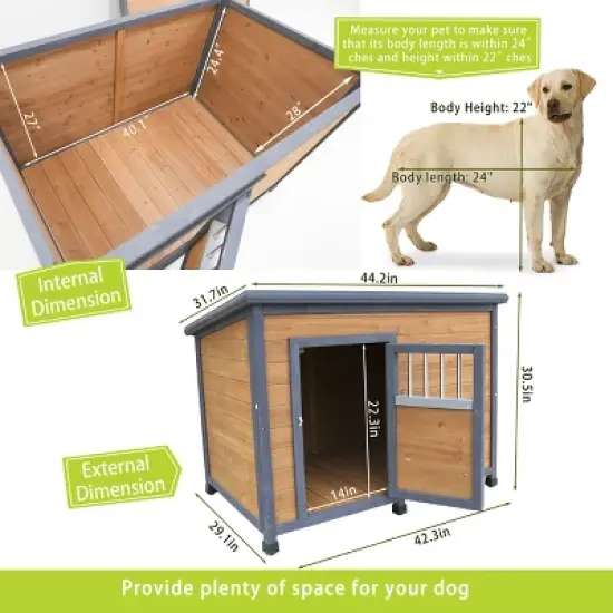 Gulches 45"large solid wood dog house, waterproof PVC plastic roof, breathable wooden doors image {5}